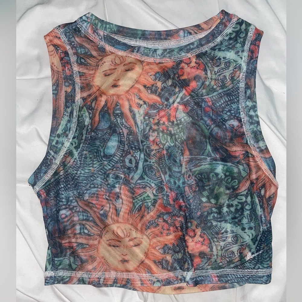Sun and Floral Patterned Sleeveless Top Sheer